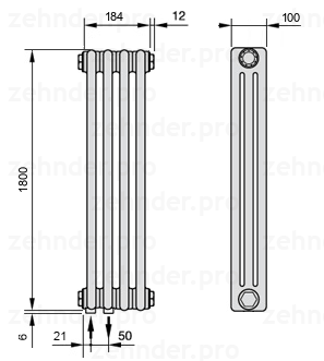 Схема (чертеж) Радиатор Zehnder Charleston 3180/4 №3370 Белый глянцевый RAL 9016